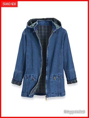 Flannel Lined Denim Jacket with Detachable Hood Zip Front